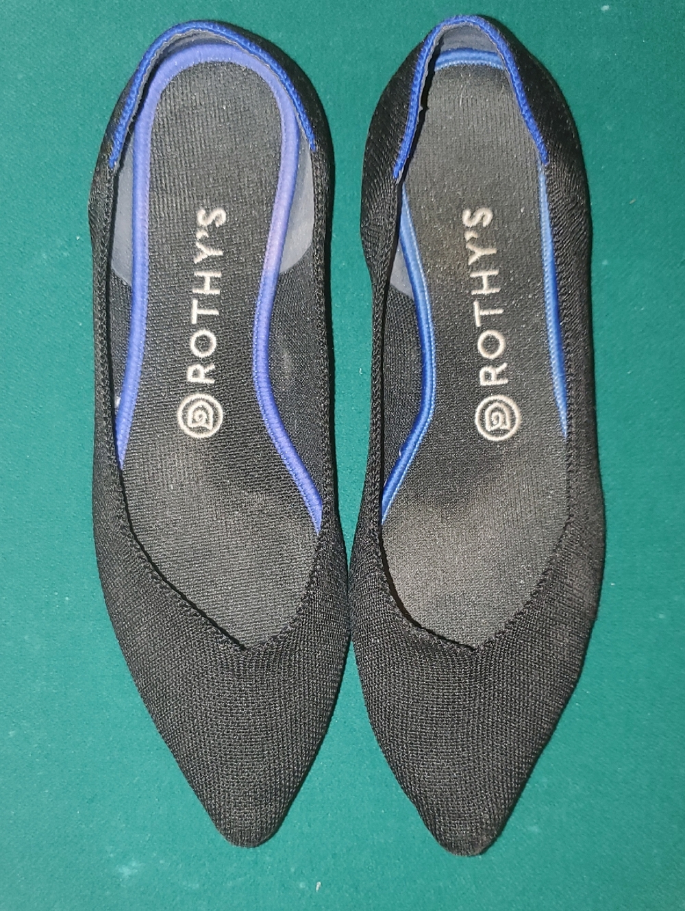 Rothy's Black Pointed Knit Flats with Blue Trim Accents